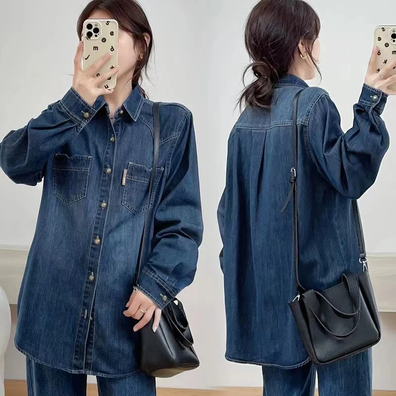 2025春秋新款内搭叠穿加厚中长款外穿加绒牛仔衬衫女百搭外套打底