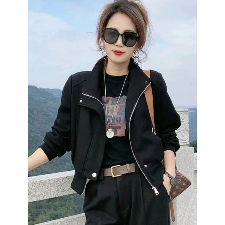欧货短款设计感黑色外套女2024春秋款小个子休闲气质百搭夹克上衣