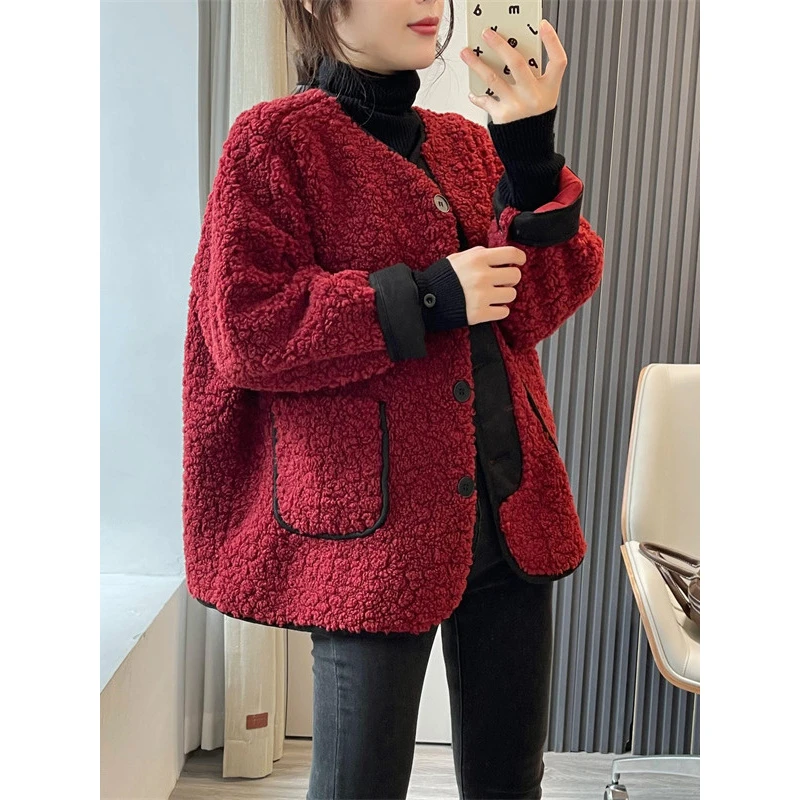 欧洲站2024秋冬新款韩版宽松显瘦气质单排扣加厚保暖毛毛外套女款