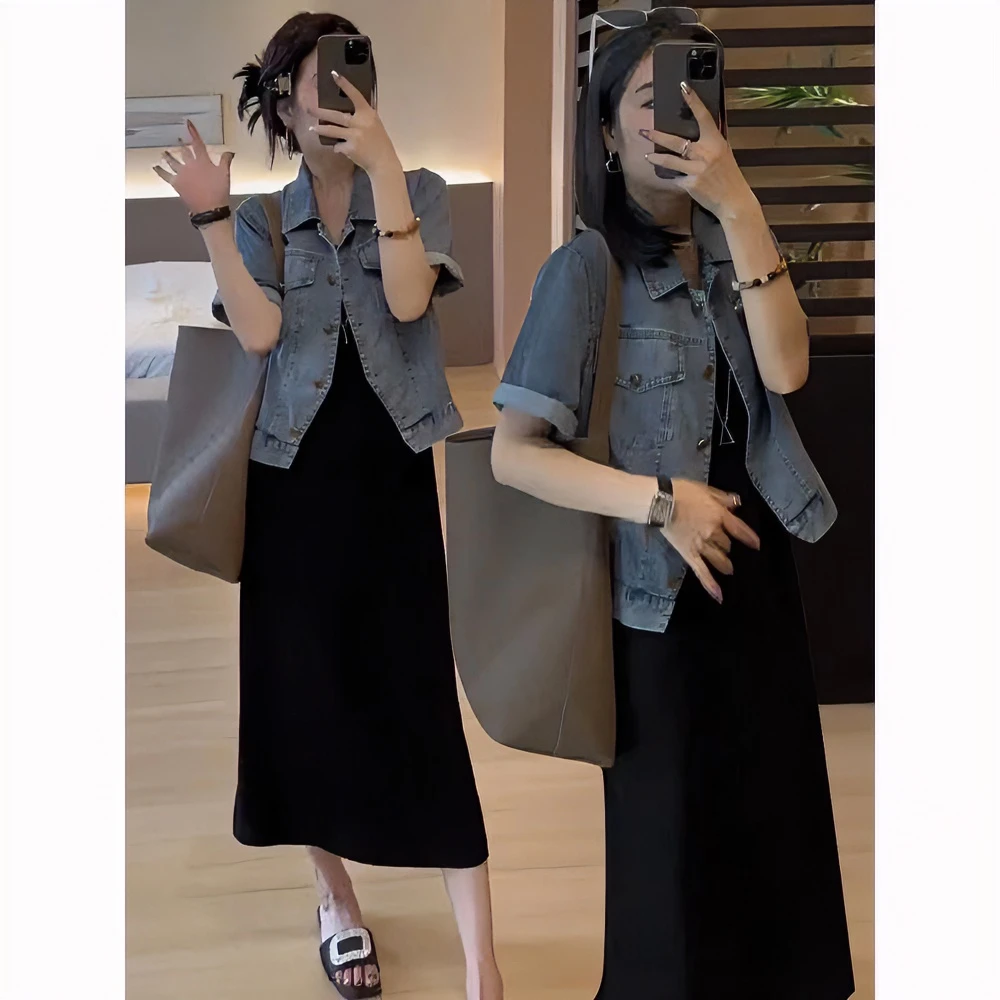 时尚薄款牛仔衬衫吊带裙套装女2025夏季新款黑色打底背心裙两件套