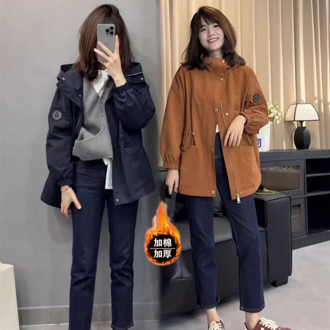 冲锋衣外套女中长款加棉加厚秋冬2025新款收腰宽松小个子上衣棉服
