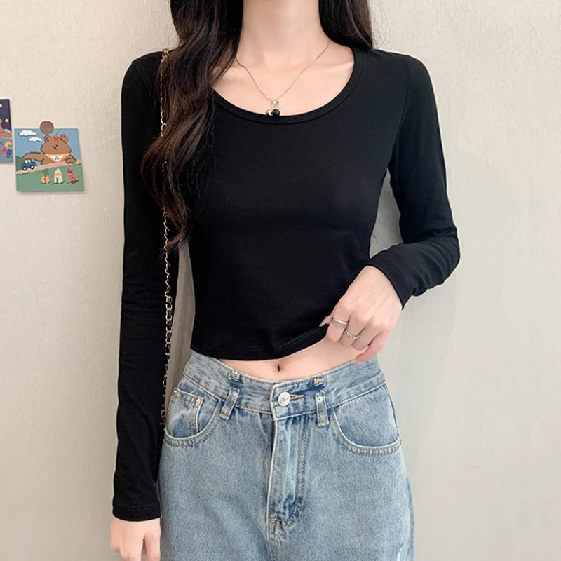 短款上衣女黑色t恤修身辣妹长袖秋季新款高腰露脐网红打底衫内搭U