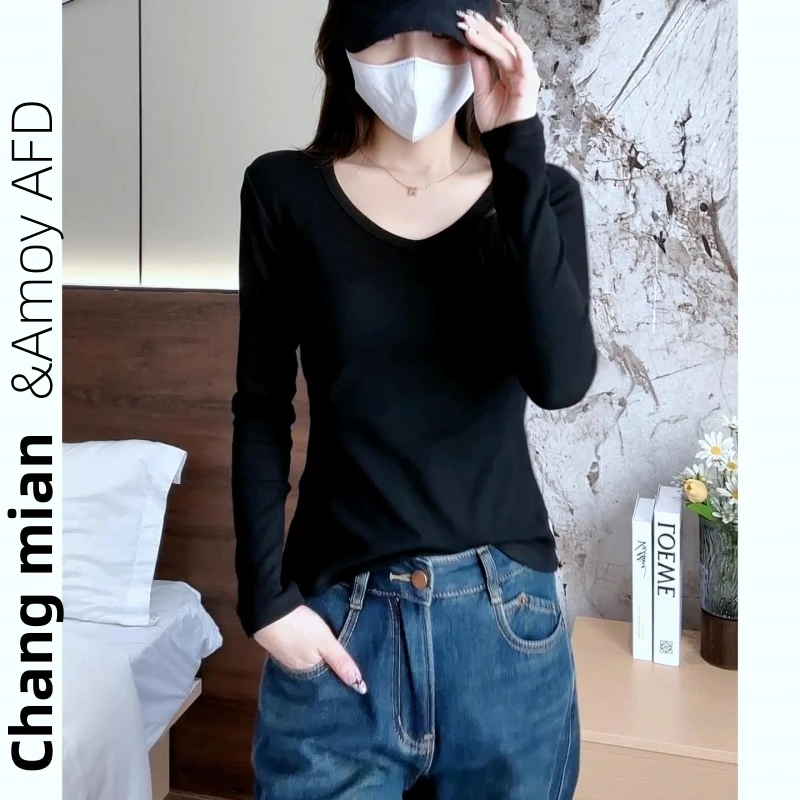 长袖V领正肩t恤女秋冬修身显瘦辣妹内搭打底衫上衣设计感纯色秋衣