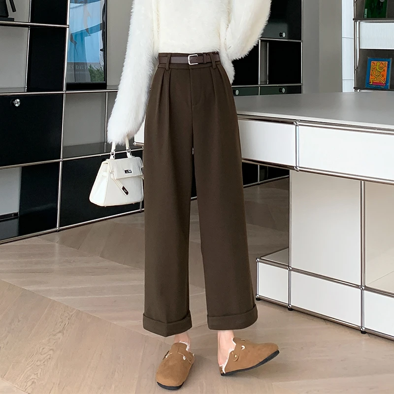 复古毛呢西装阔腿裤女秋冬季百搭宽松加厚高腰显瘦直筒休闲九分裤