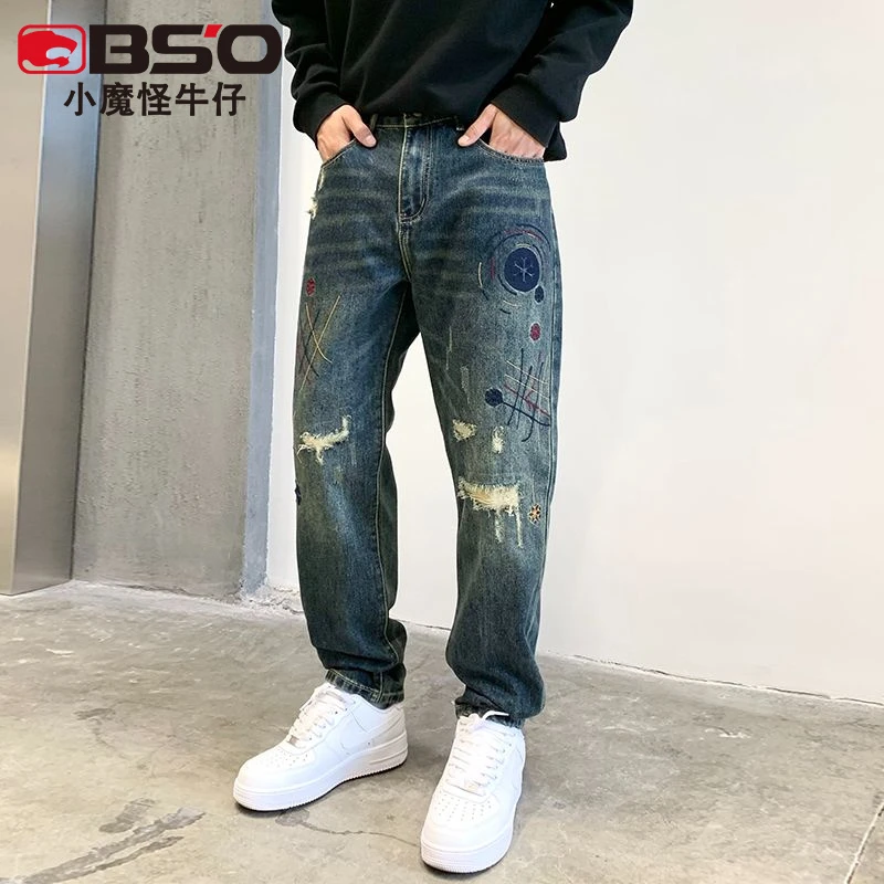 小魔怪美式炸街潮牌宽松破洞补丁牛仔裤男款复古做旧哈伦锥形裤子