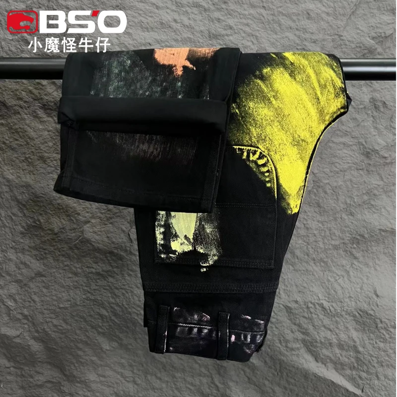 小魔怪2024秋季美式高街牛仔裤男款百搭复古涂鸦印花男装长裤子男