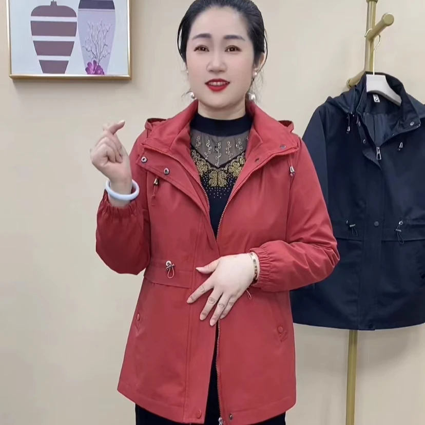 春秋新款时尚洋气休闲百搭宽松显瘦连帽中长款妈妈装外套505