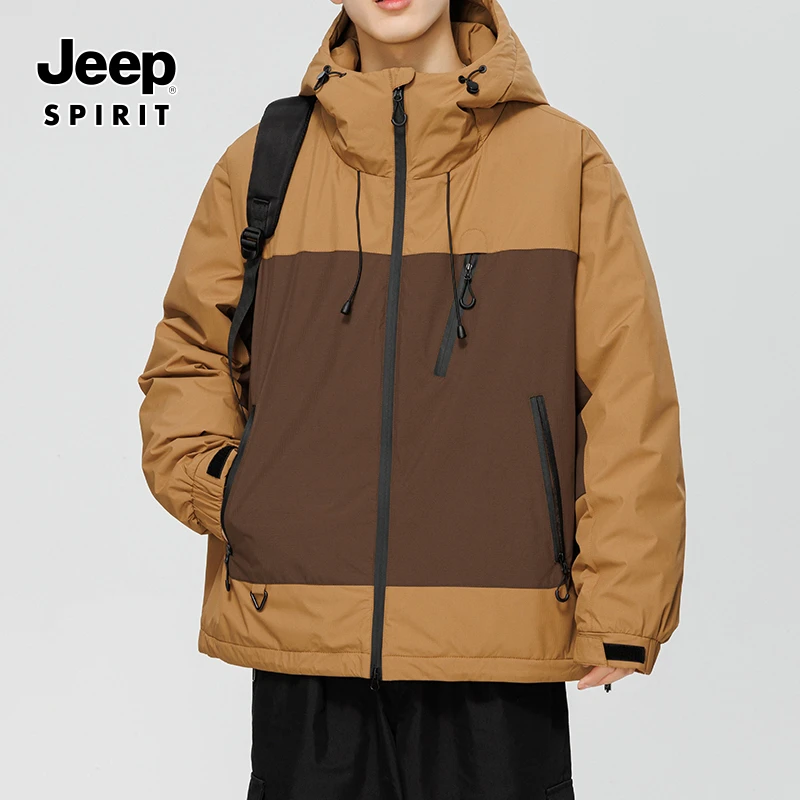 JEEP吉普白鸭绒羽绒服男款冬季户外休闲运动轻薄拼色情侣连帽外套