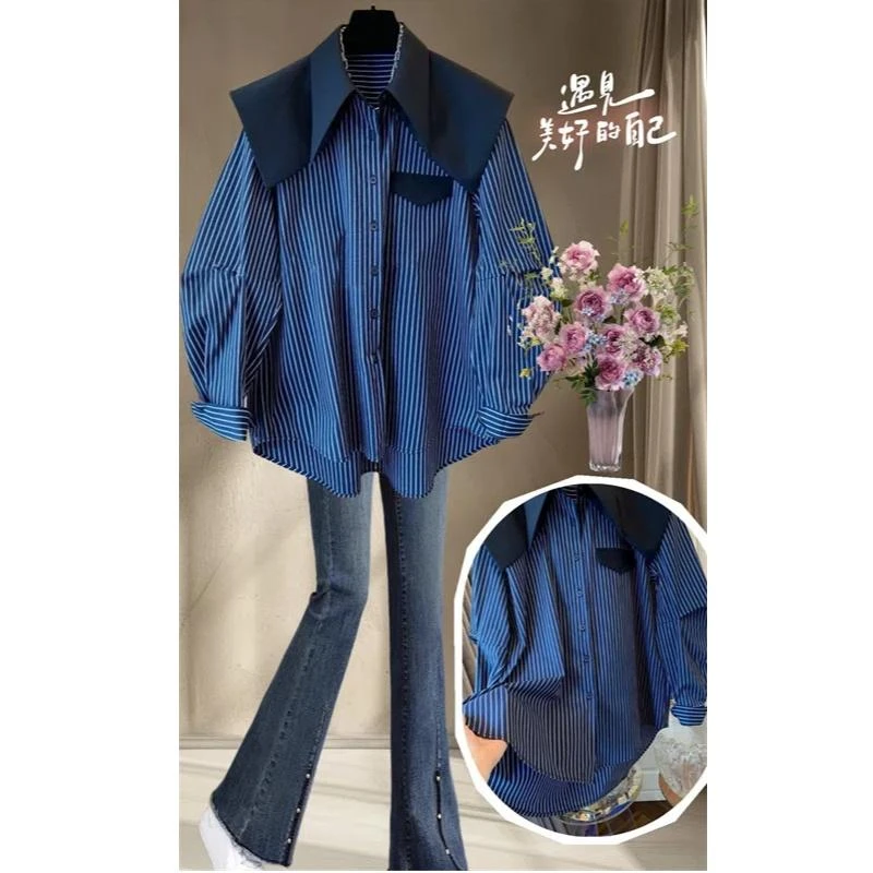 高级感别致海军领蓝色衬衫上衣女春秋新款胖妹妹大码宽松衬衣百搭