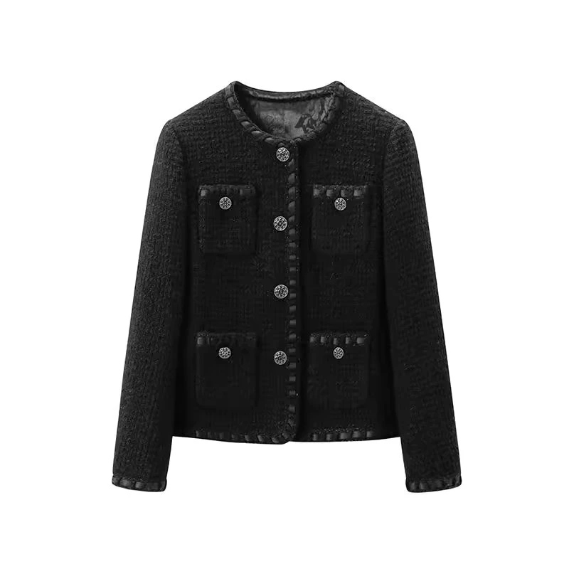 （黑天鹅）气质圆领黑色小香风外套羊毛粗花呢秋冬季轻奢百搭上衣