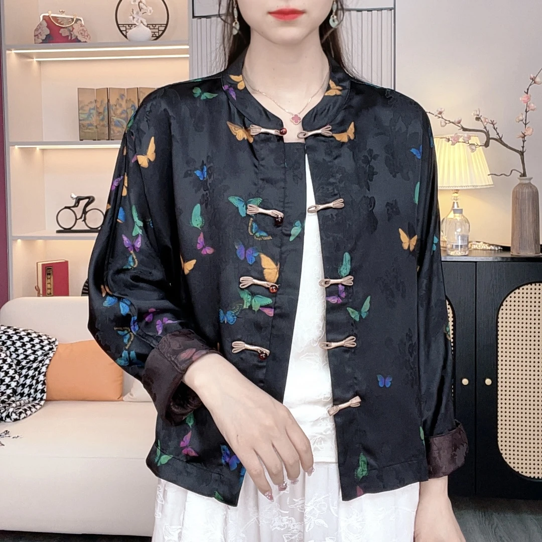 新中式双面穿时尚洋气黑蝴蝶立领提花春夏新款宽松外套XH01481108