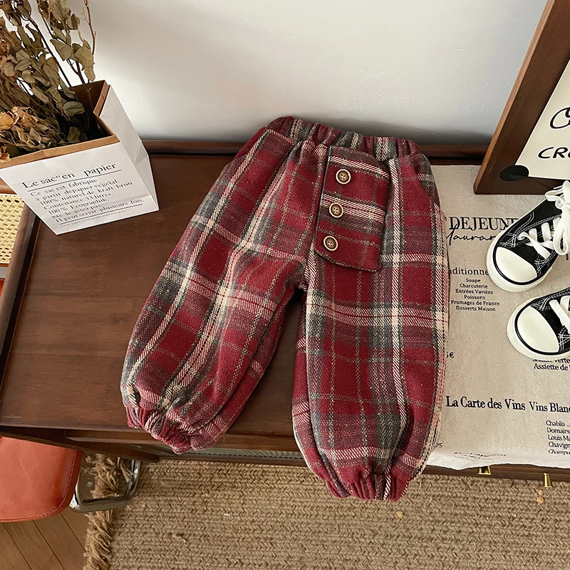 【断码清仓】DK245886橘止皮冬新款男童红色格子裤加绒加厚保暖