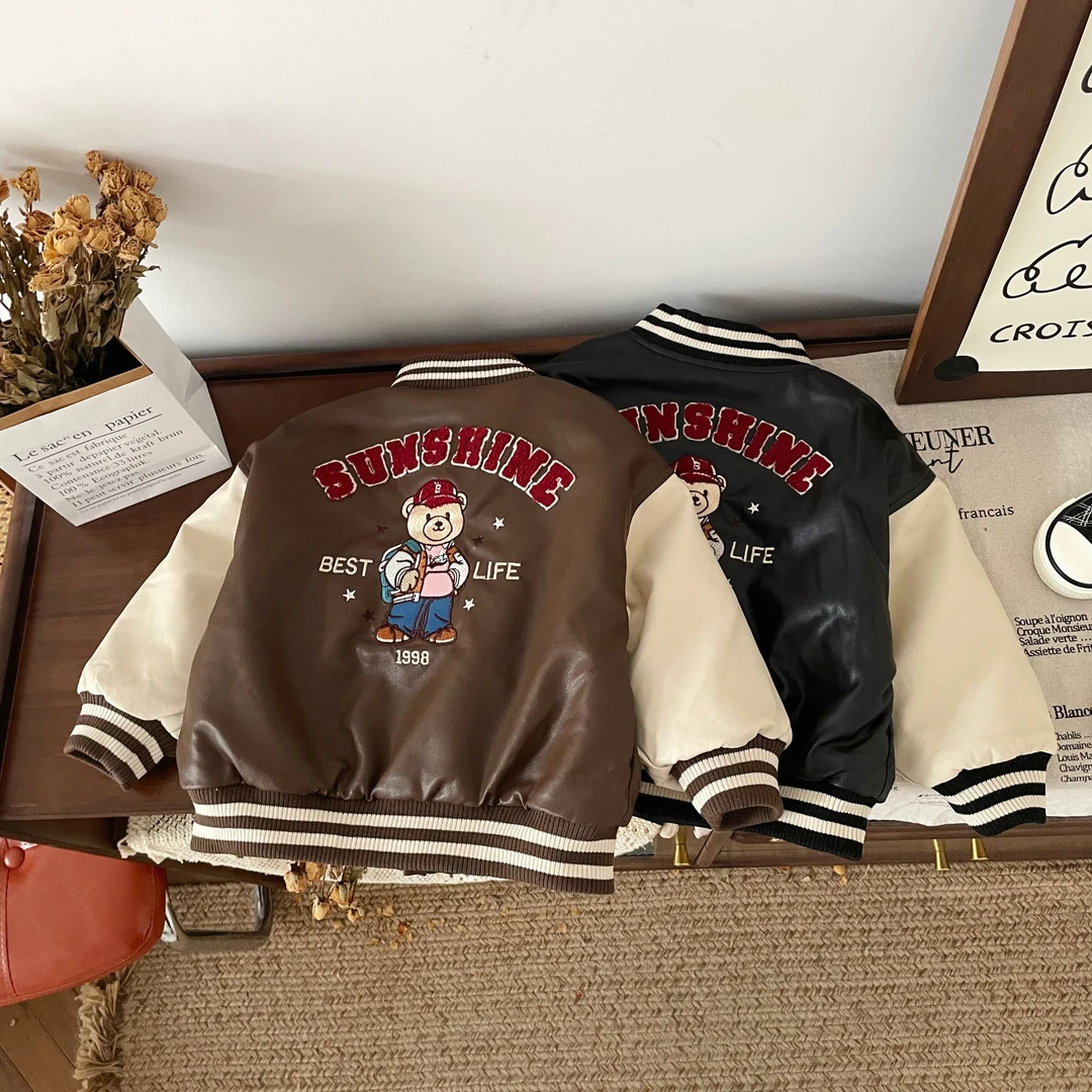 【字母小熊】HCB33657秋冬新款韩版皮衣棒球服宝宝冬季加绒外套