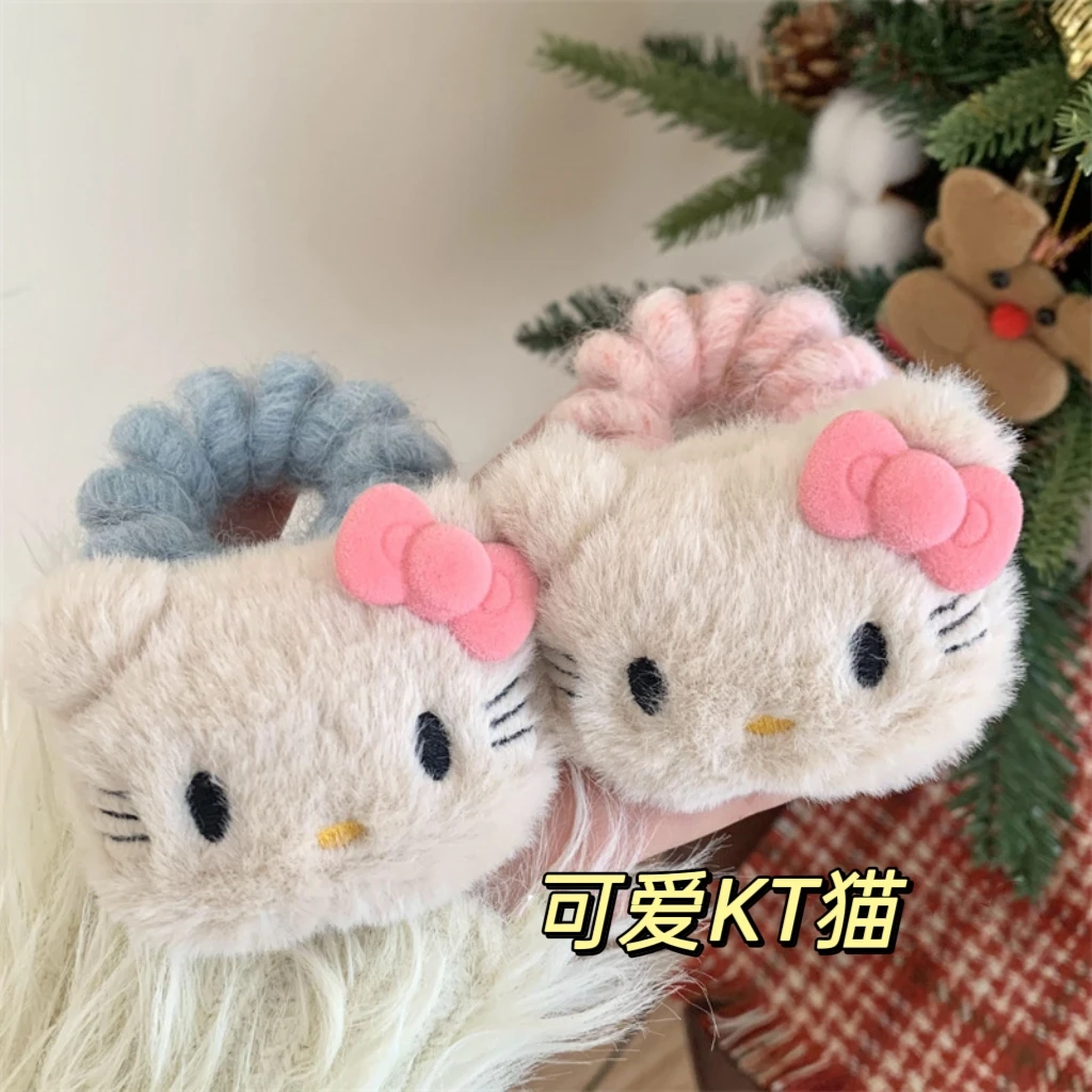 可爱少女心黑皮kt猫毛绒电话线发圈头绳皮筋甜美hellokitty头绳