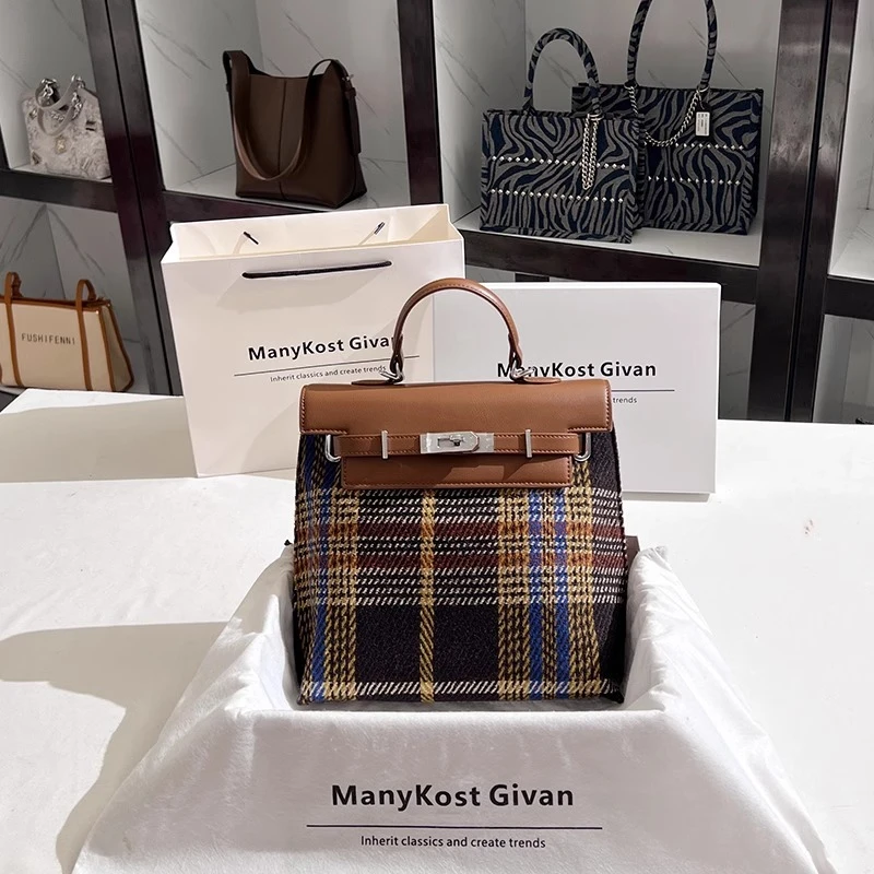 复古毛呢格子双肩包包女2024秋冬新款凯莉包秋冬学院风通勤小背包