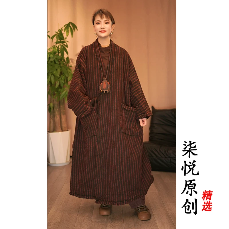 【柒悦原创设计】复古做旧炒色V领系带夹棉风衣大袄子