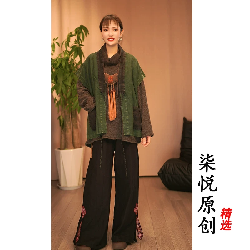 【柒悦原创设计】复古做旧炒色V领系带马夹（衣长60胸围128）