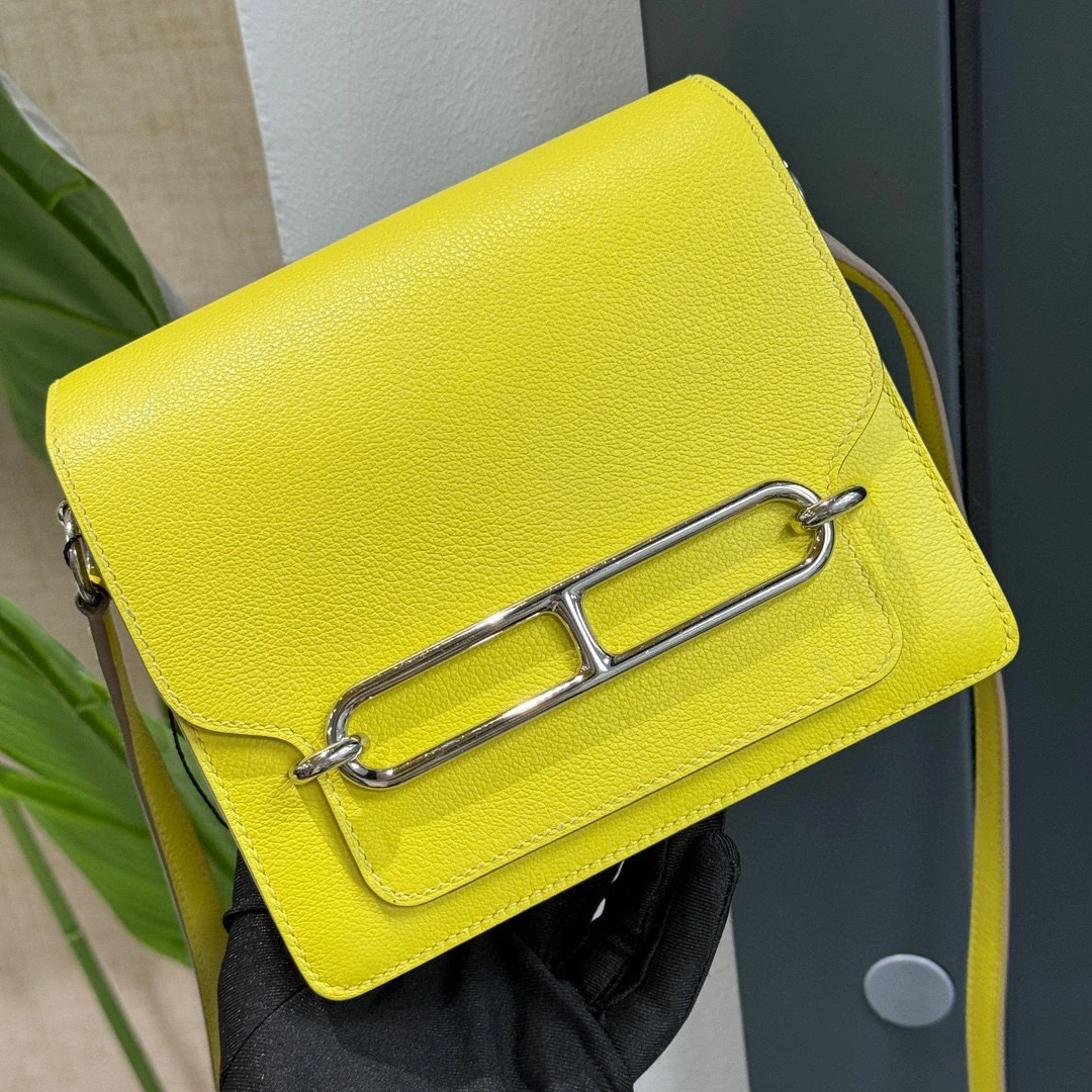 99新 Hermes/爱马仕  roulis猪鼻子19 柠檬黄银斜挎包D刻