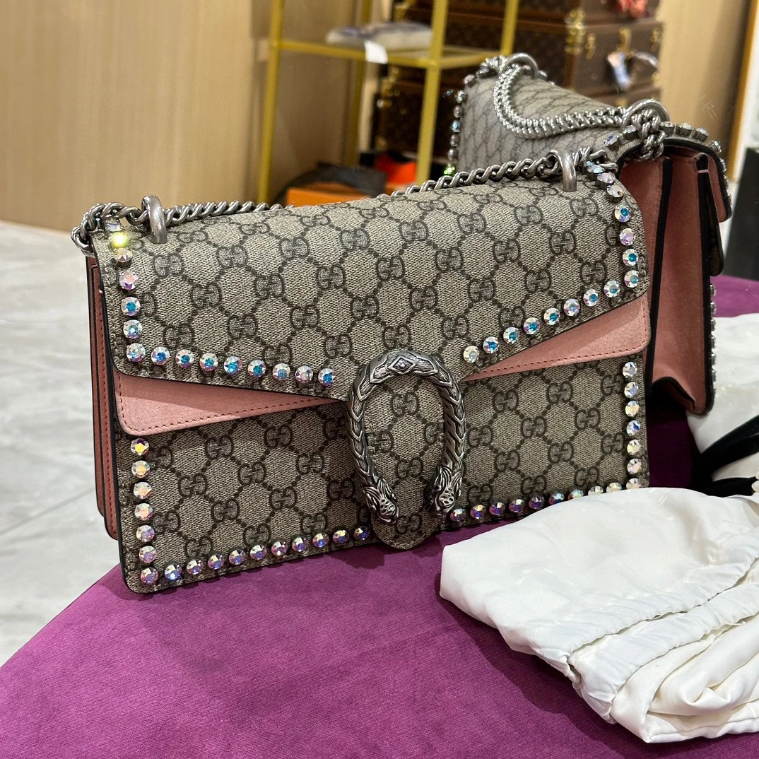 99新 GUCCI/古驰 239671 老花拼粉水钻酒神斜挎包 中号