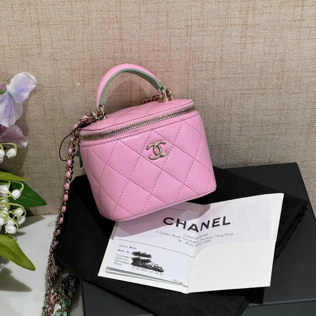 99新 Chanel/香奈儿 货号2417869 粉拼绿手柄mini小盒子包23年