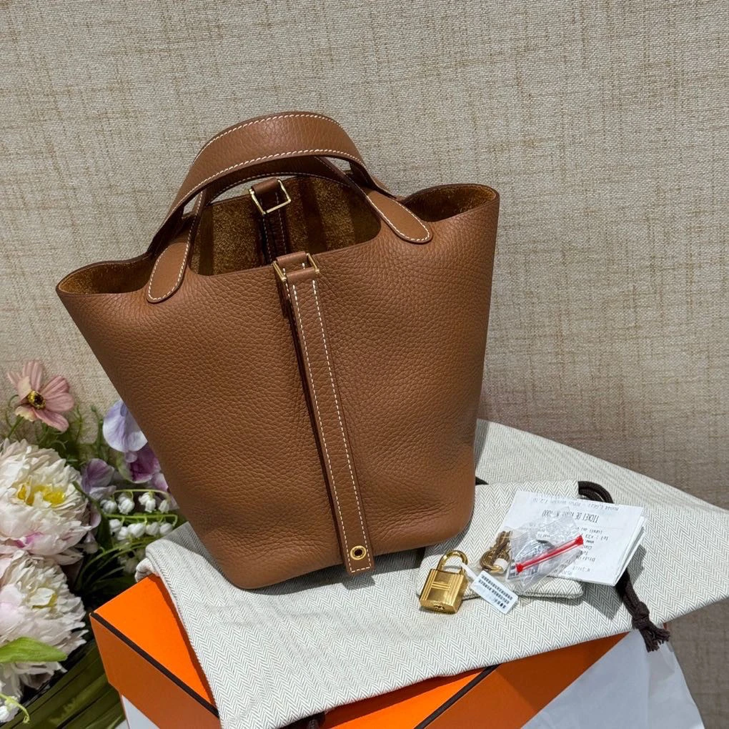 99新 Hermes/爱马仕 金棕菜篮子18手提包 w刻