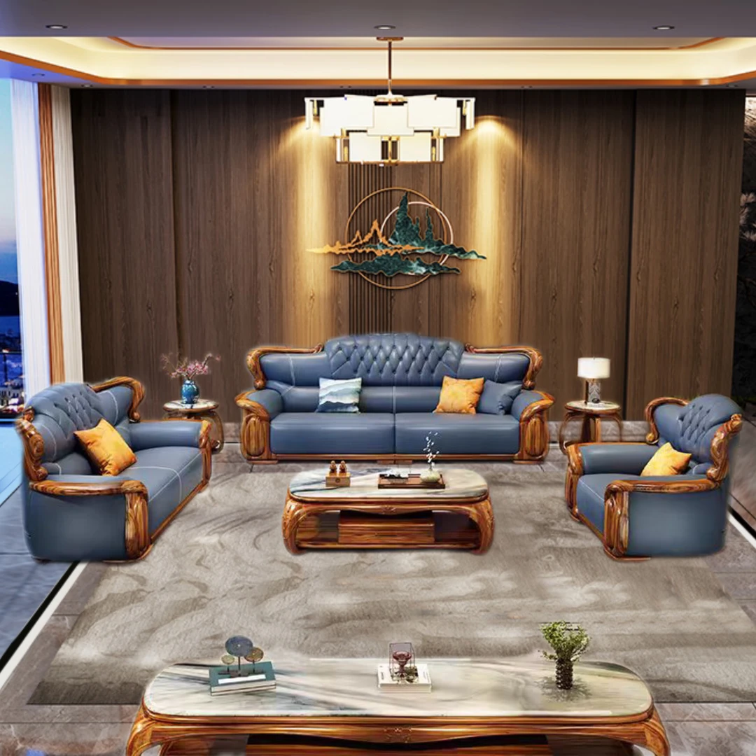 现代别墅乌金木沙发实木客厅真皮沙发组合新中式头层牛皮大平层