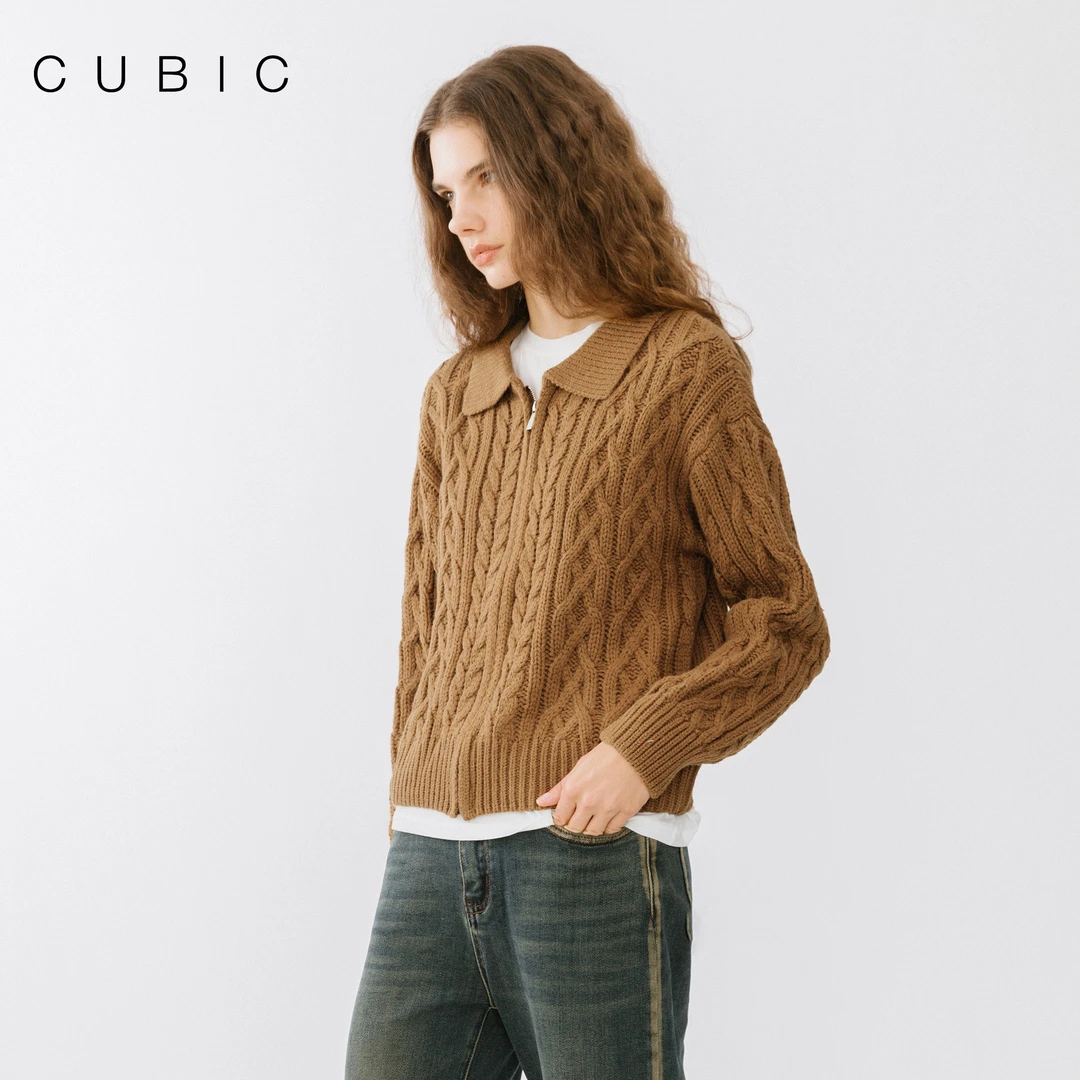 CUBIC小翻领宽松绞花设计金属拉链针织开衫