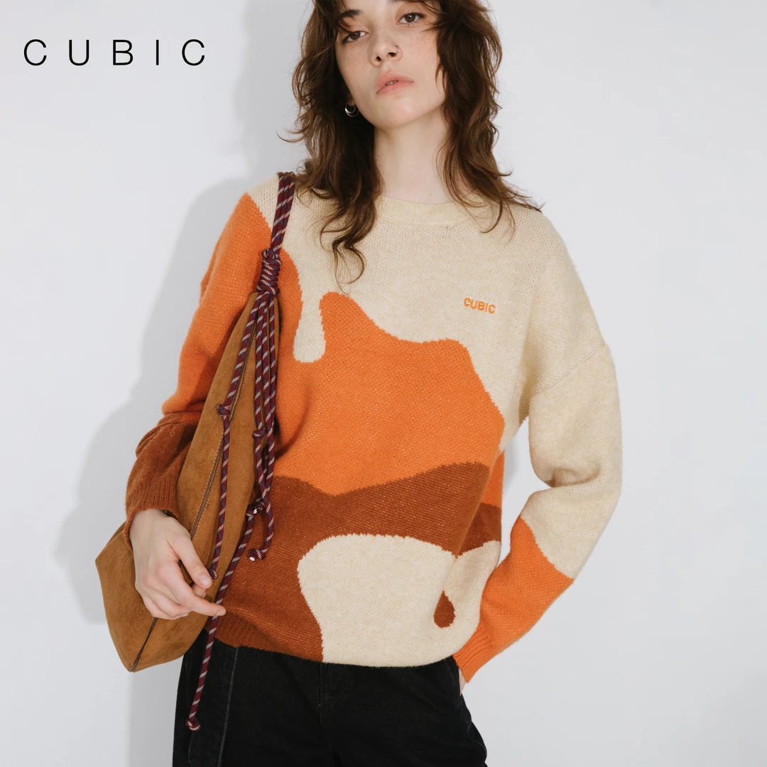 CUBIC 涂鸦街区 慵懒风撞色设计感宽松休闲圆领套头长袖针织毛衣