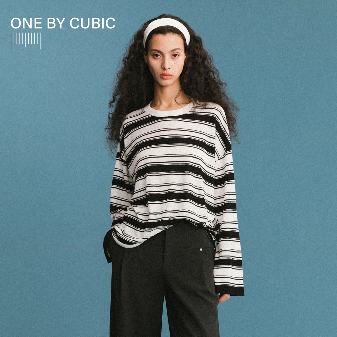 CUBIC【ONE系列】羊毛混纺圆领百搭条纹细针织轻薄长袖打底上衣
