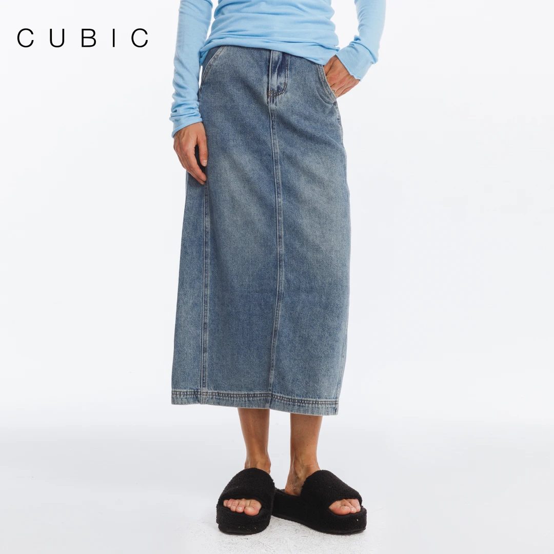 CUBIC 悠闲假日 松弛感简约分割裙片直筒版型棉感牛仔半裙