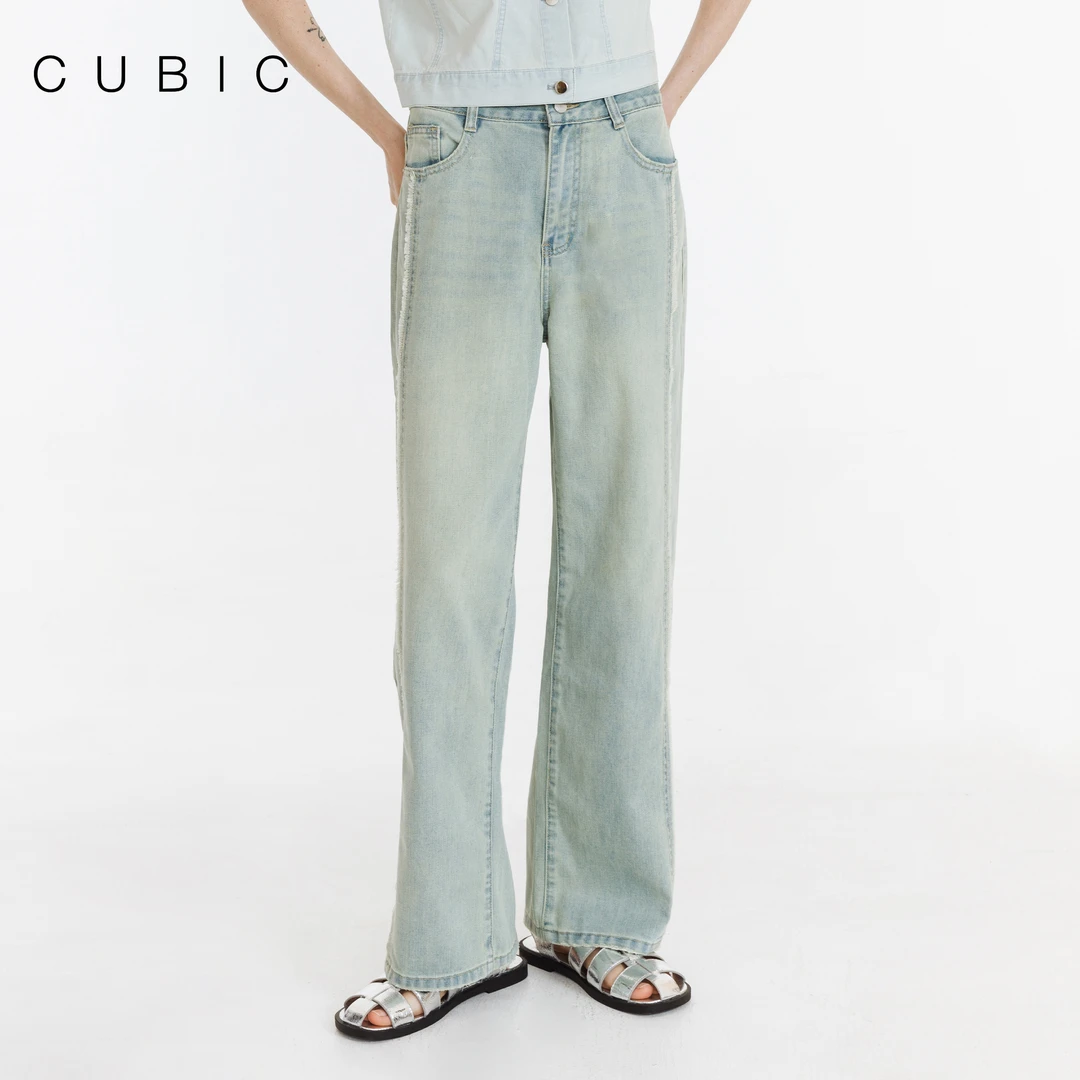 CUBIC百搭直筒牛仔裤超柔宽松显瘦设计感高腰长裤