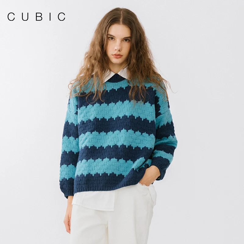 CUBIC圆领套头针织衫撞色条纹宽松休闲保暖厚毛衣