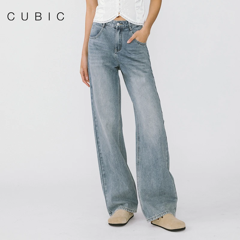 CUBIC 简约舒适宽松阔腿裤休闲高腰显瘦牛仔裤女