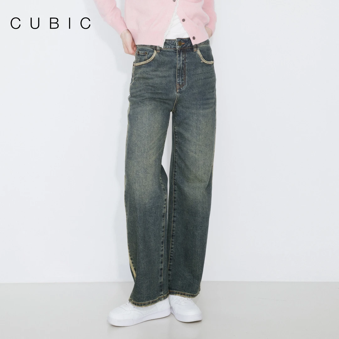 CUBIC 复古集市 复古风时髦褪色做旧直筒版型棉感休闲显瘦牛仔裤