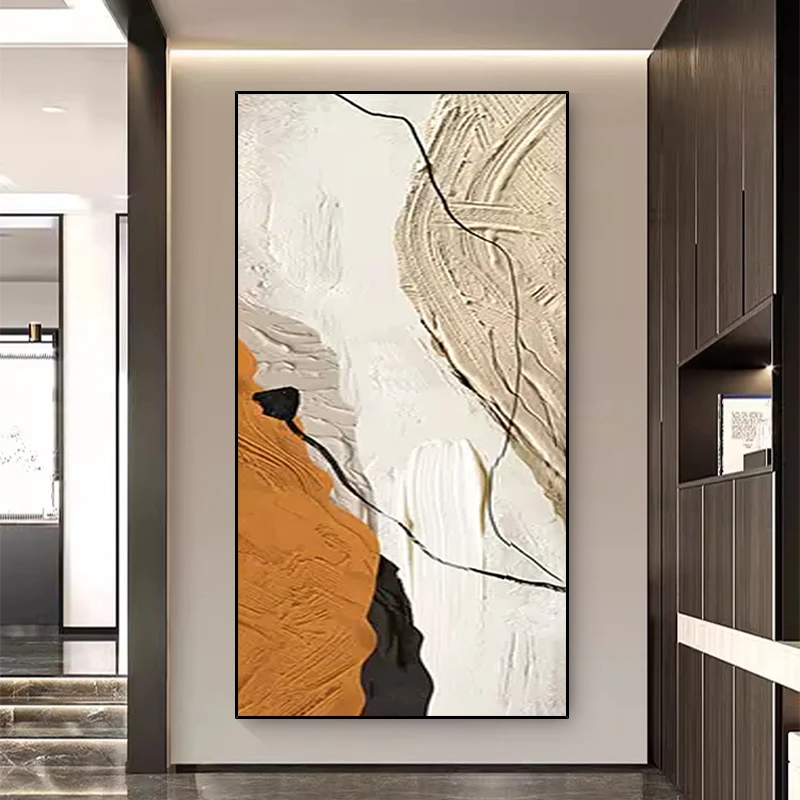 手绘油画《橙锦》玄关抽象肌理挂画客厅沙发背景墙装饰画竖版壁画