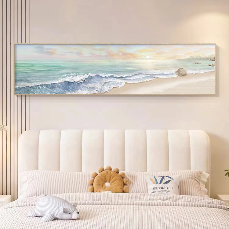 手绘油画奶油风卧室装饰画北欧风海上日出风景肌理画床头挂画