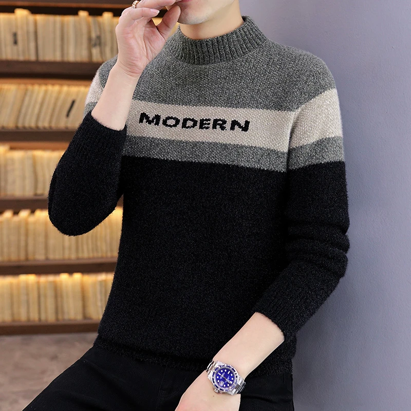男士毛衣潮流针织衫男装秋冬毛线衫学生帅气打底衫加绒半高领加厚
