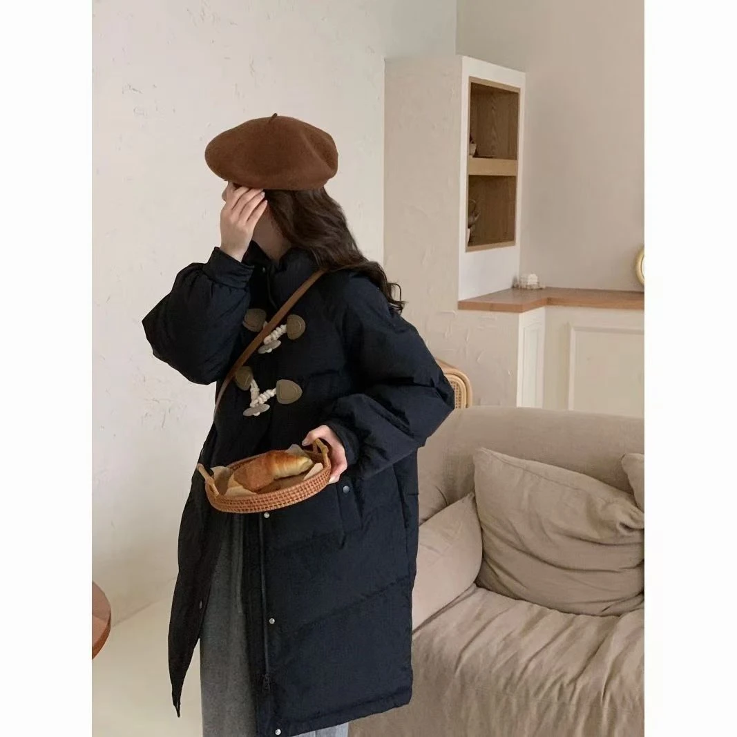 2024冬季长款加厚牛角扣新款保暖百搭棉服外套