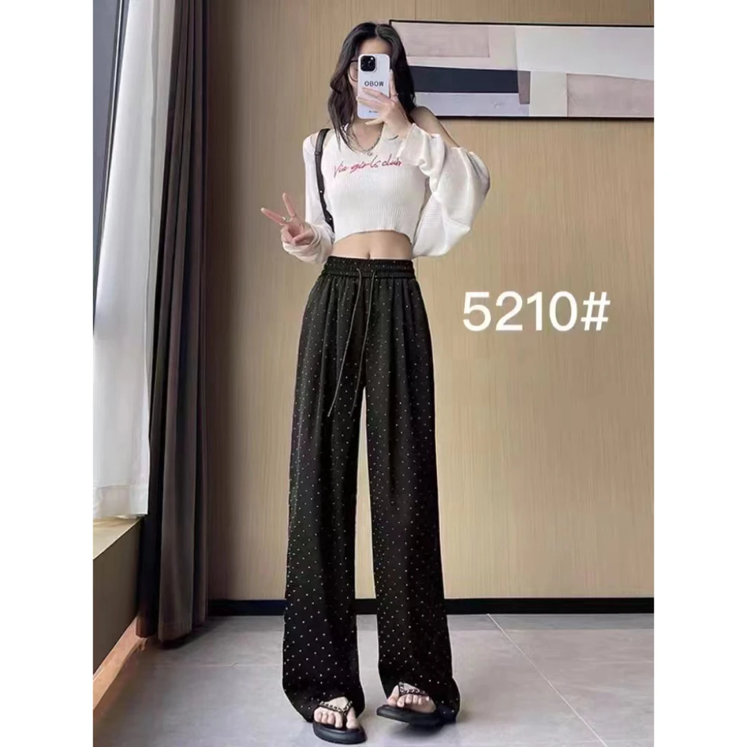 【岳姐姐专属】新款缎面烫钻阔腿裤夏季垂感休闲拖地裤宽松显瘦5210
