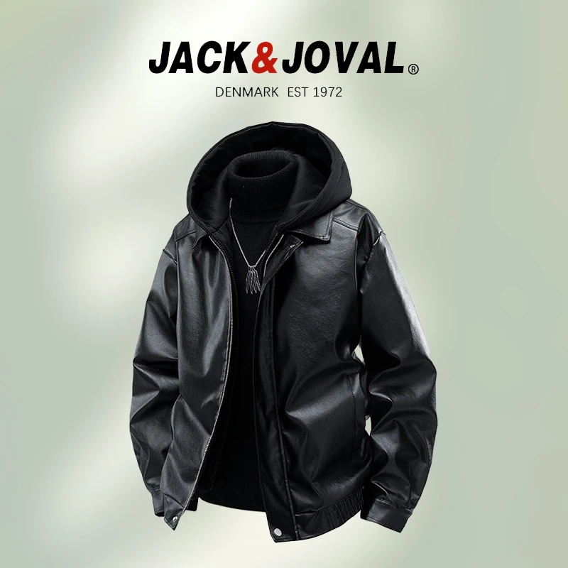 【品牌撤柜现货】JACK JOVAL假两件加绒加厚皮衣外套男士连帽可拆卸