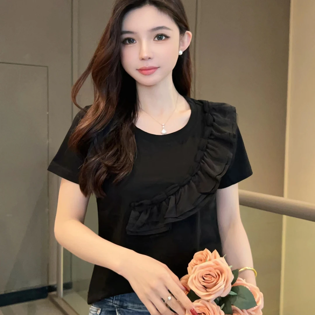 一卡女装显瘦夏季修身设计感气质短款时尚百搭圆领荷叶边洋气法式