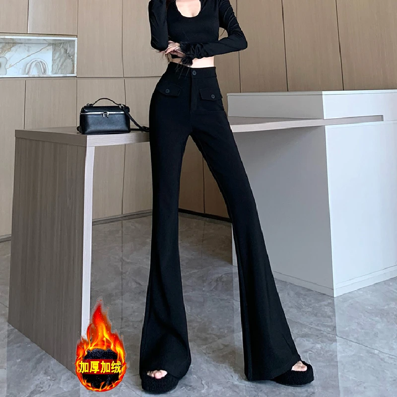 黑色微喇裤女秋冬加绒新款设计感假口袋高腰显瘦百搭休闲裤拖地裤