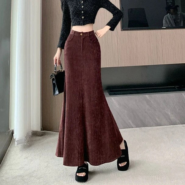 复古安可拉红色鱼尾半身裙女秋季2024新款气质高腰a字包臀长裙子