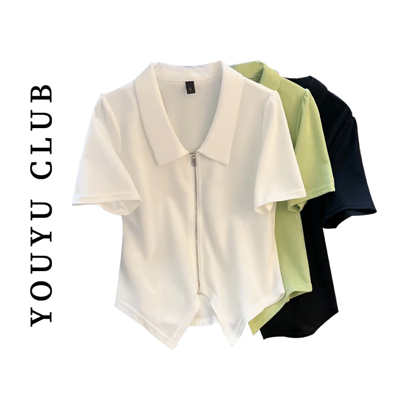 大码时尚polo领设计感拉链衬衫2025年夏季薄荷曼波洋气百搭上衣女