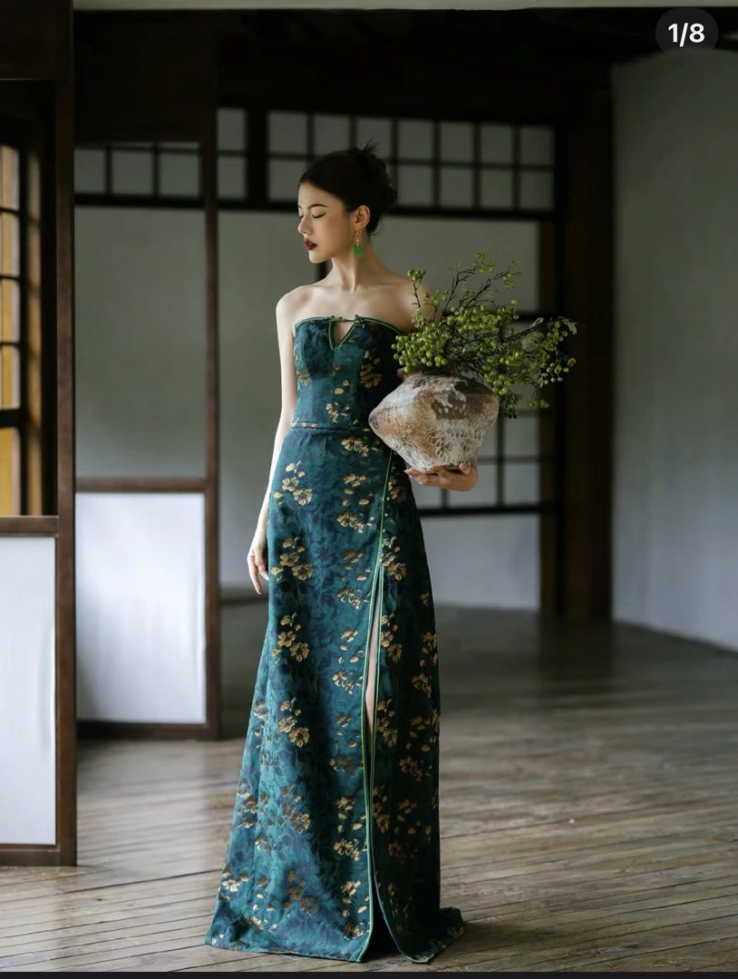 墨绿色人丝开叉抹胸礼服 性感抹胸连衣裙