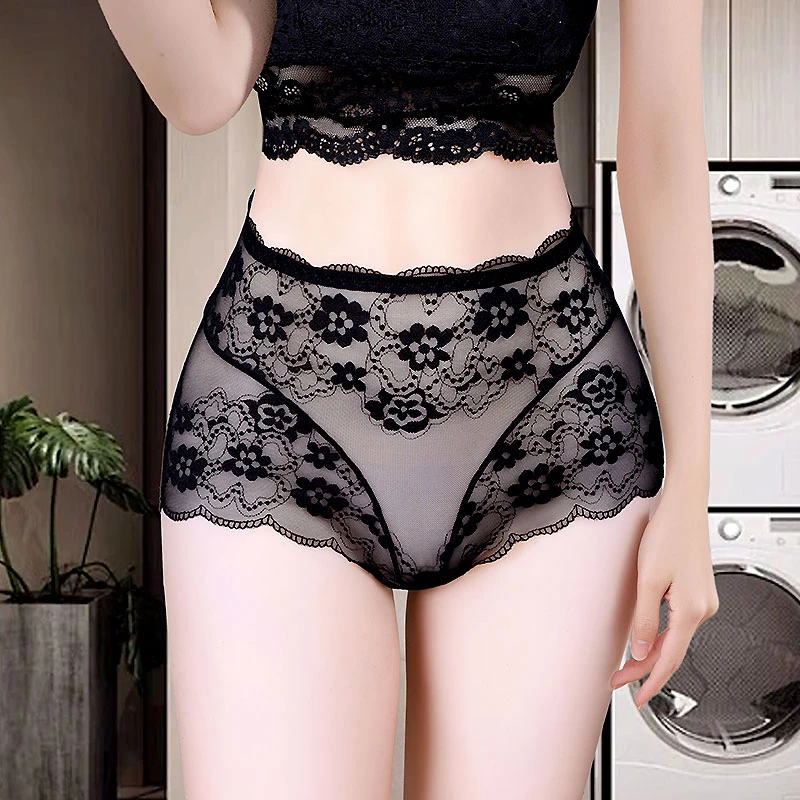蕾丝内裤女士性感高腰大码胖mm提臀镂空无痕舒适透气薄款平角短裤