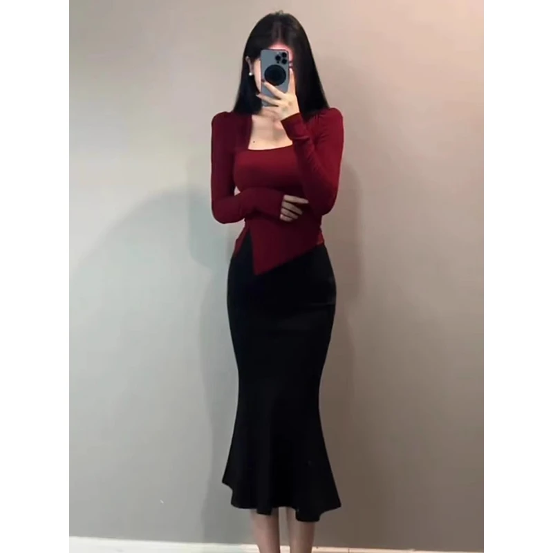 秋冬穿搭一整套你女装红色方领上衣鱼尾半身裙高级感两件套裙子