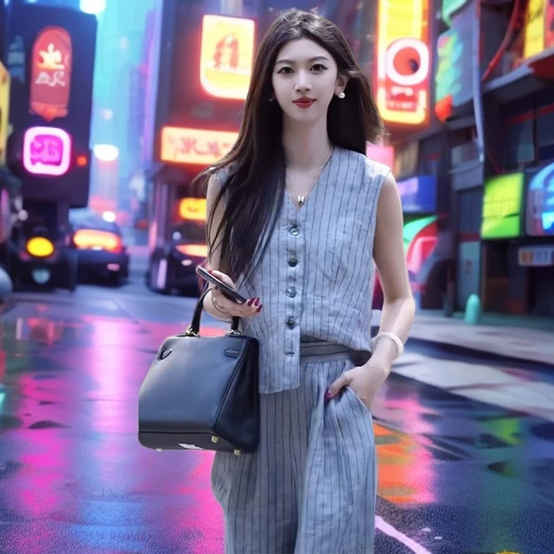 轻奢麻料欧货夏季时尚棉麻女装2025新款衬衫时髦极简老钱风两件套