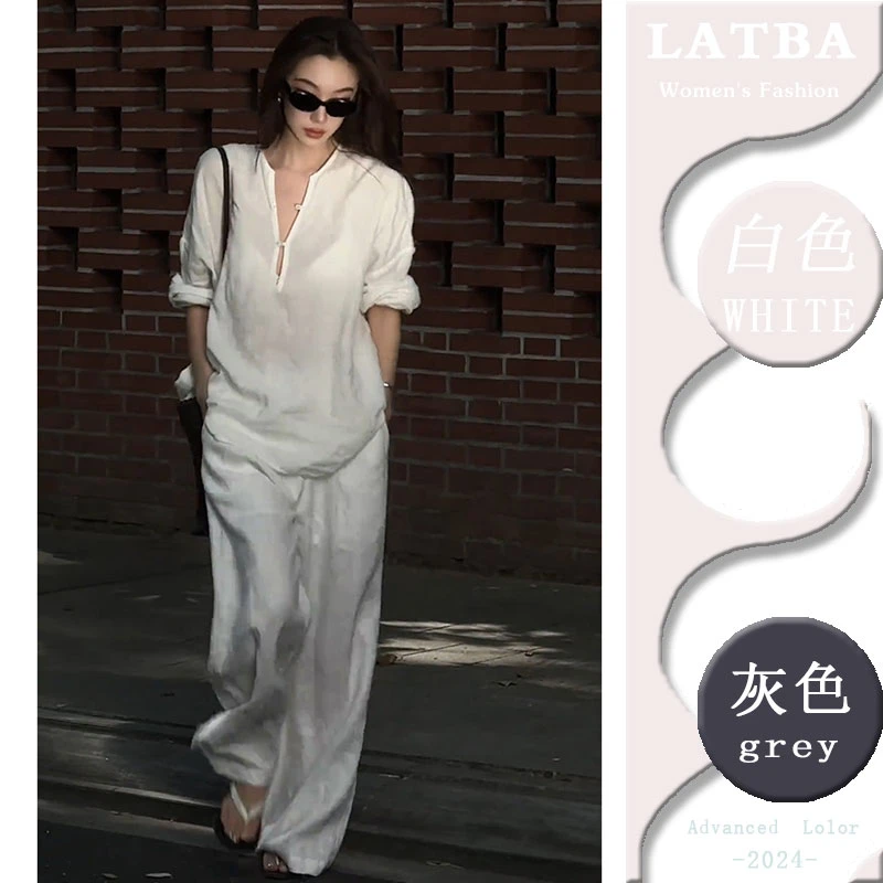 老钱风白色亚麻套装女春季慵懒风松弛感防晒衬衫休闲阔腿裤两件套