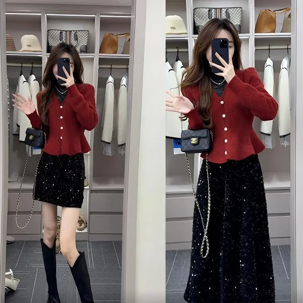 小个子甜美减龄v领收腰荷叶边针织开衫毛衣女高腰亮片半身裙套装